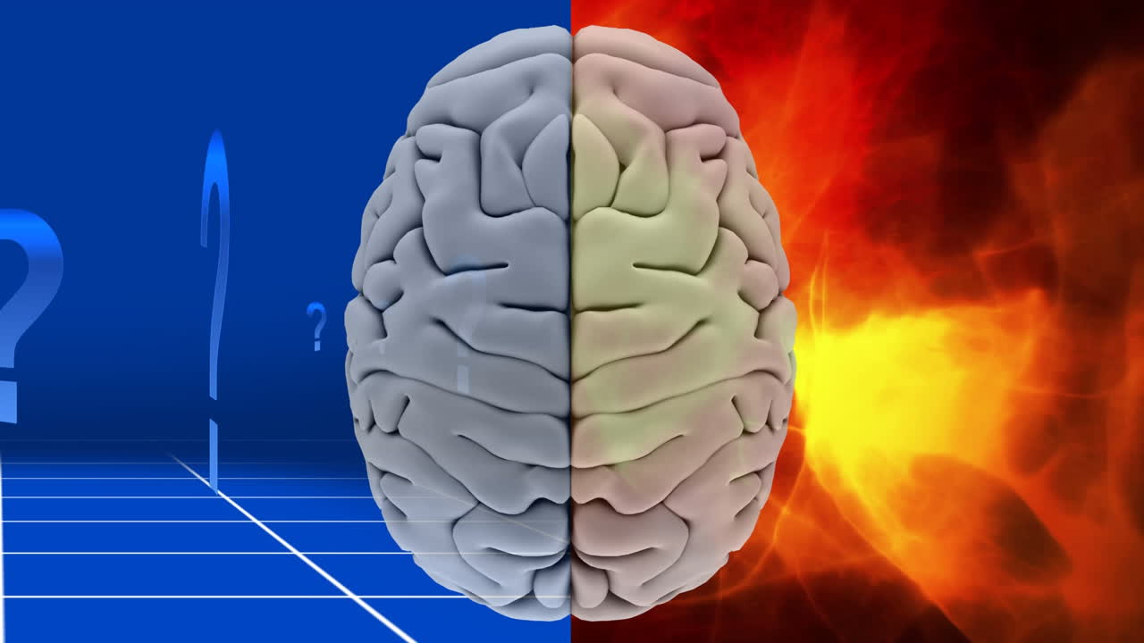 질문표와 오렌지색 추상적인 배경으로  ⁇  뇌