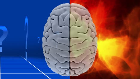 cerebro blanco con signos de interrogación y fondo abstracto naranja