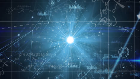 animation of lens flare over connected dots and mathematical equations with graph icons