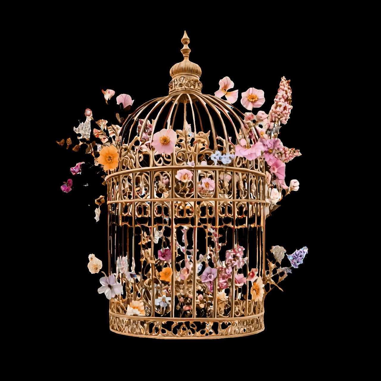 Floral ornate birdcage art animation isolated asset, transparent 4K video, alpha channel, ProRes