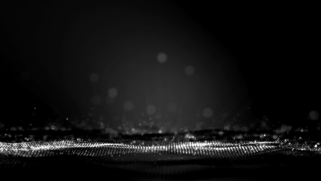 은 루프, 검은색 배경, 입자, 반이는 파동, 커튼 및 깊은 깊이의 영역을 가진 디지털 서명.