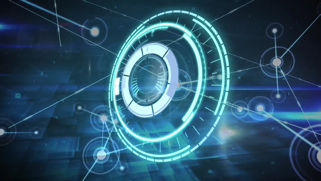 Animation of round scanner and network of connections against light spots on blue background