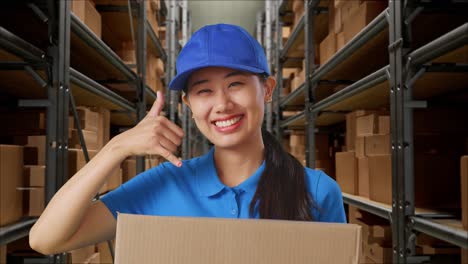 primer plano de mensajera asiática en uniforme azul que muestra el gesto de llamarme y sonriendo mientras entrega una caja en el almacén