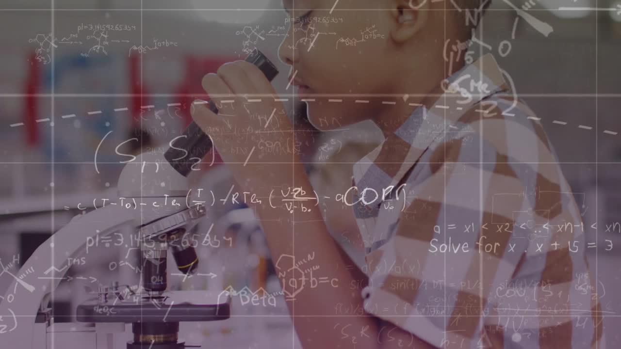 Animation of mathematical equations over biracial boy using microscope