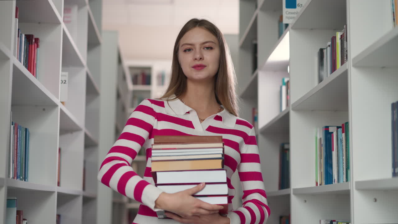 Customer with book stack standing in store aisle. Confident woman holds chosen literature for scientific essay in modern library. Lady demonstrates folios