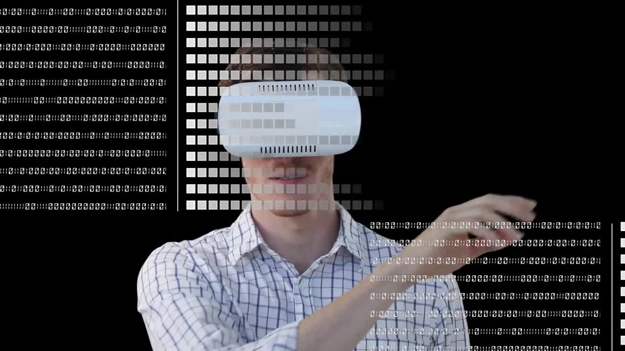 animación del procesamiento de datos sobre el hombre que usa auriculares vr sobre fondo negro