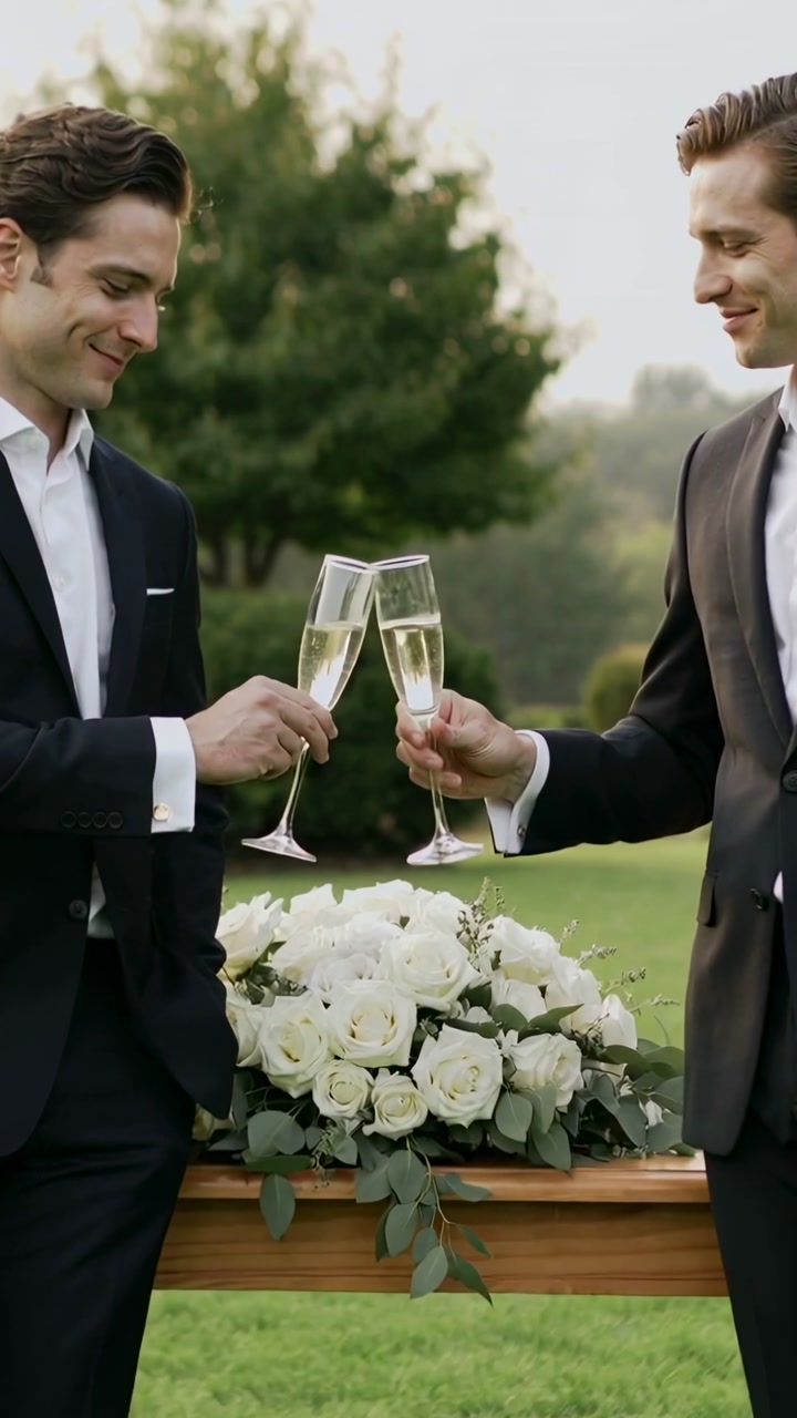 Clinking two men in tuxedos lifting champagne flutes over wooden table in garden, with white roses