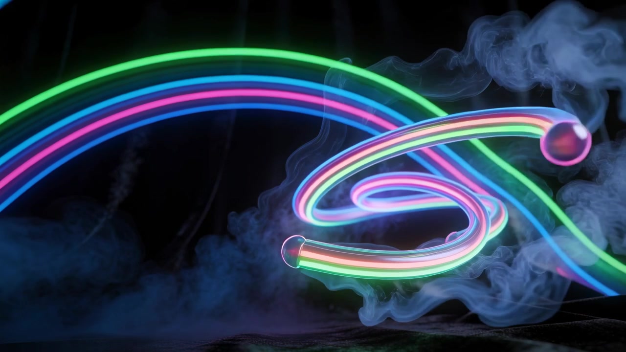 Animating neon ribbons with blue pink green bands coiling over dark drape backdrop, fog glowing
