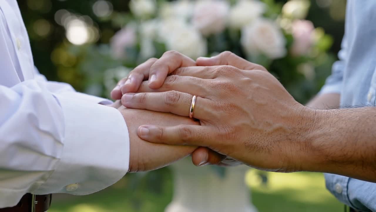Holding hands white-cuff shifting and pressing locking fingers at garden ceremony with gold band