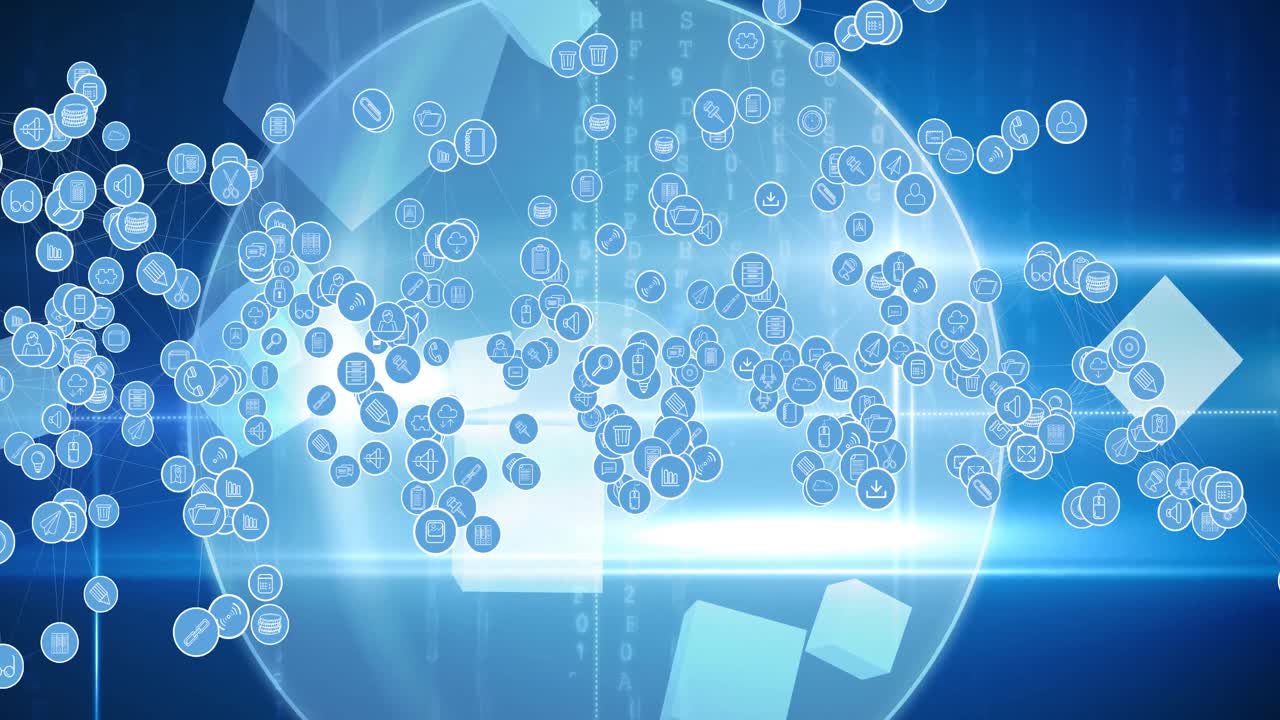 전 세계를 배경으로 디지털 아이콘으로 연결하는 네트워크의 애니메이션