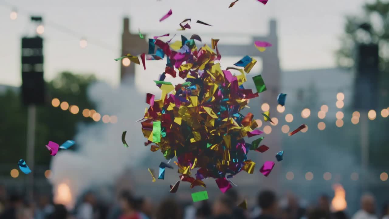 Accensione di un flash pirotecnico che provoca la caduta di un grappolo di coriandoli sulla piazza del festival, segnando il finale del concerto.
