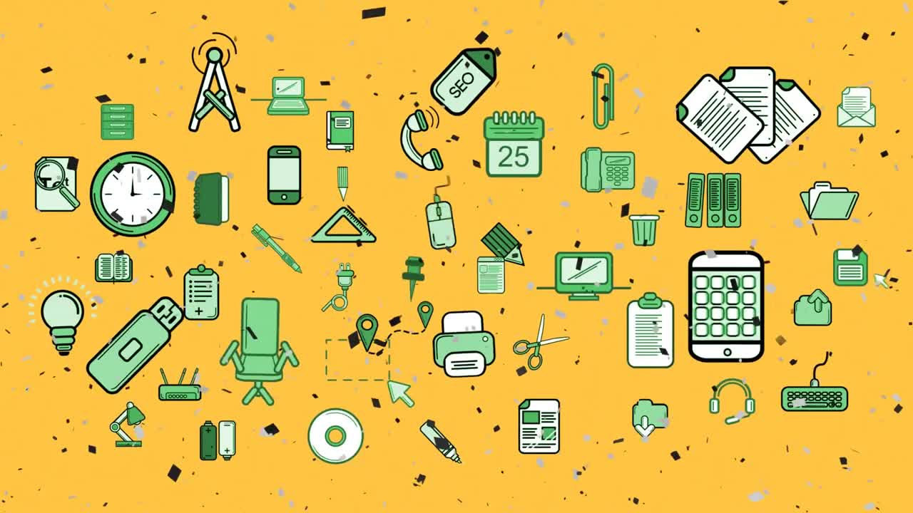 animación digital de confeti que cae sobre varios iconos de conceptos de negocios sobre un fondo amarillo