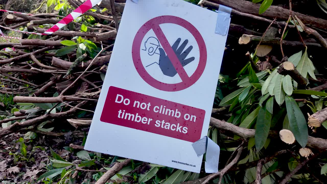 A warning sign reading 'Do not climb on timber stacks' attached to a stacked wood pile in woodland, conveying safety and caution