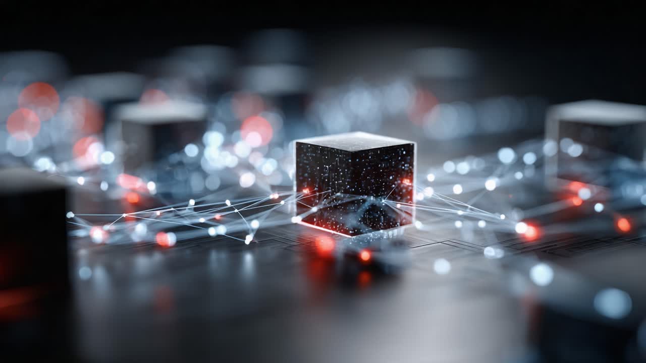 Illuminated Cubes on a Dark Network: A Visual Exploration of Quantum Connectivity and Digital Realms Through Geometric Patterns and Light Effects