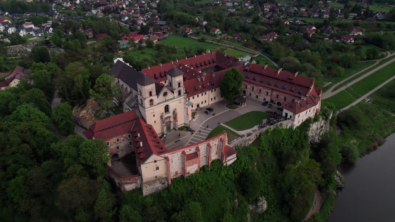 Historic abbey and church on a cliff, Tyniec drone perspective