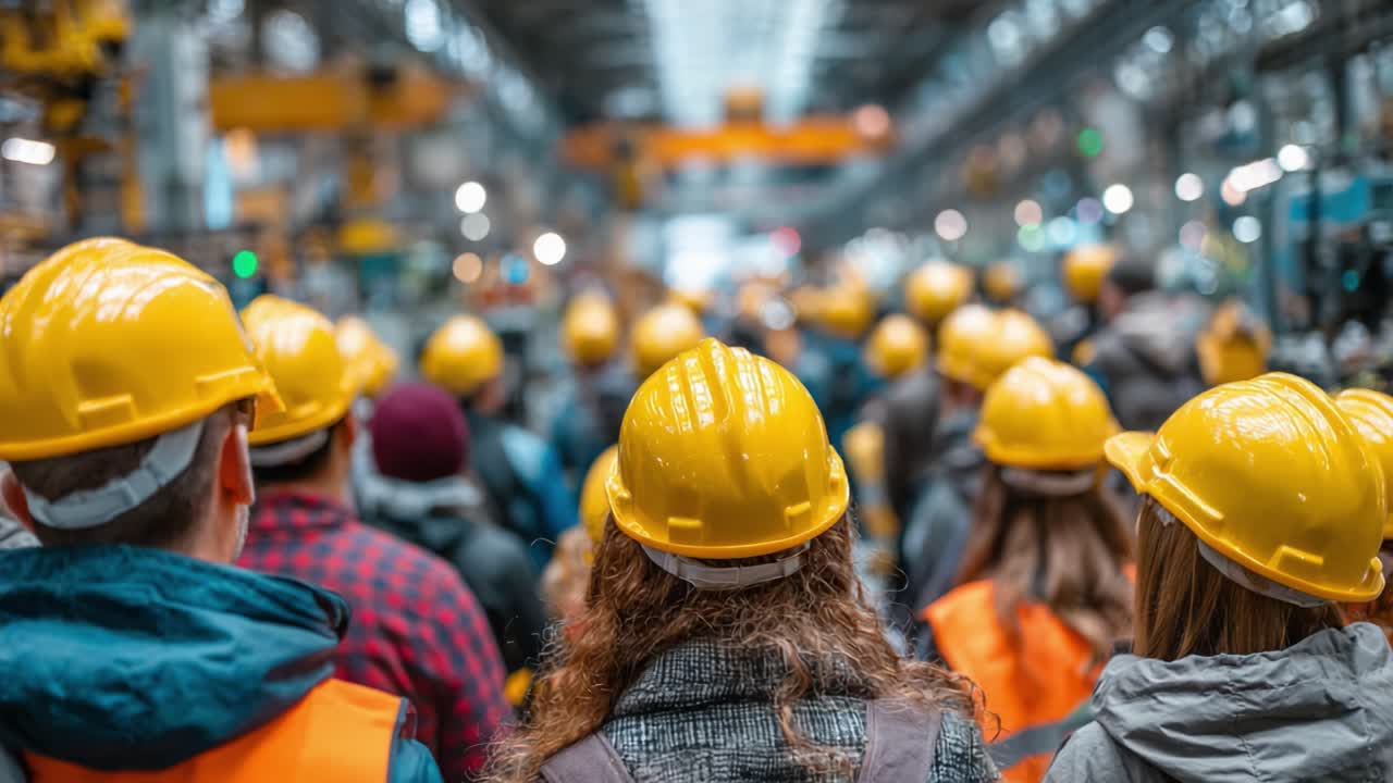 A Gathering of Construction Workers: A Close-Out Scene Highlighting Safety and Teamwork in a Modern Manufacturing Facility
