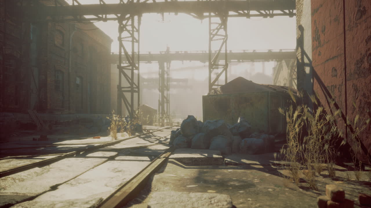 Abandoned industrial area with overgrown tracks during golden hour light