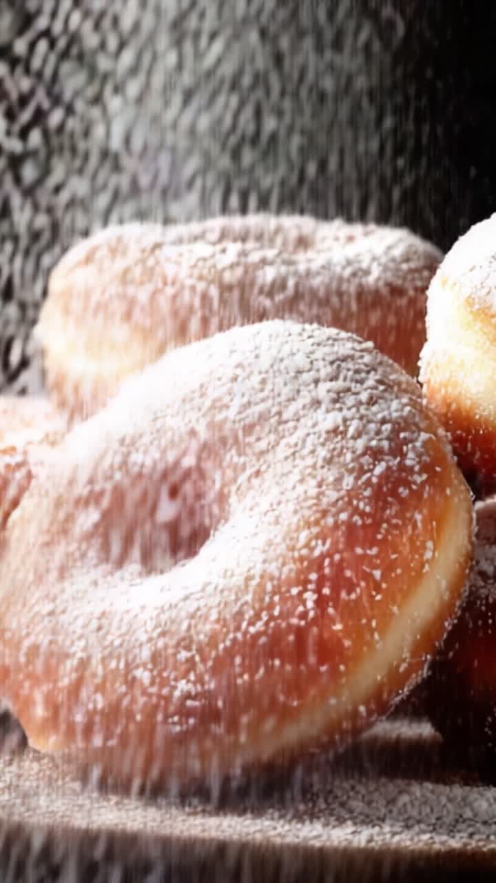 Yakın Çekimde Pudra Şekeri Serpilmiş Lezzetli Donutlar: Altın Kahverengi Renklerini ve Yumuşak Dokularını Sergileyen, Her Tatlı Sever İçin Mükemmel, Cazip Bir Lezzet