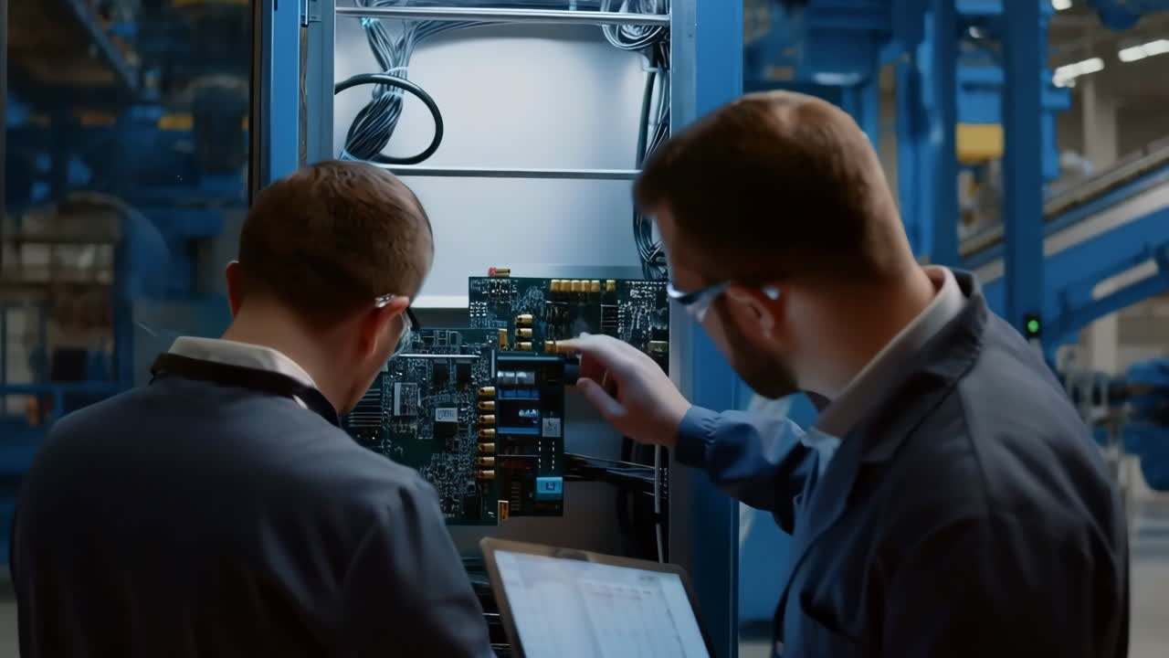 Engineers Inspecting Electronic Equipment in a Factory