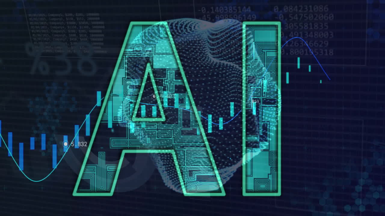 Animation of ai text and digital data processing over black background