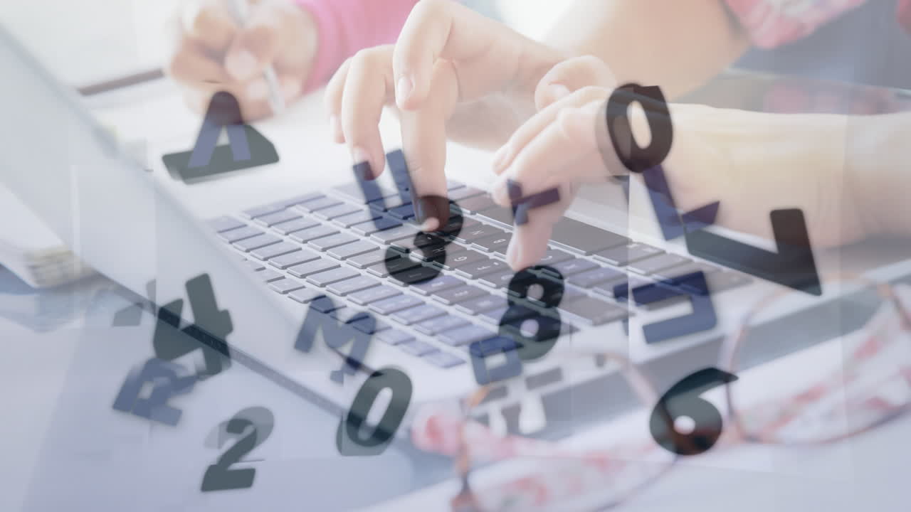 Animation of words and numbers changing over woman using laptop