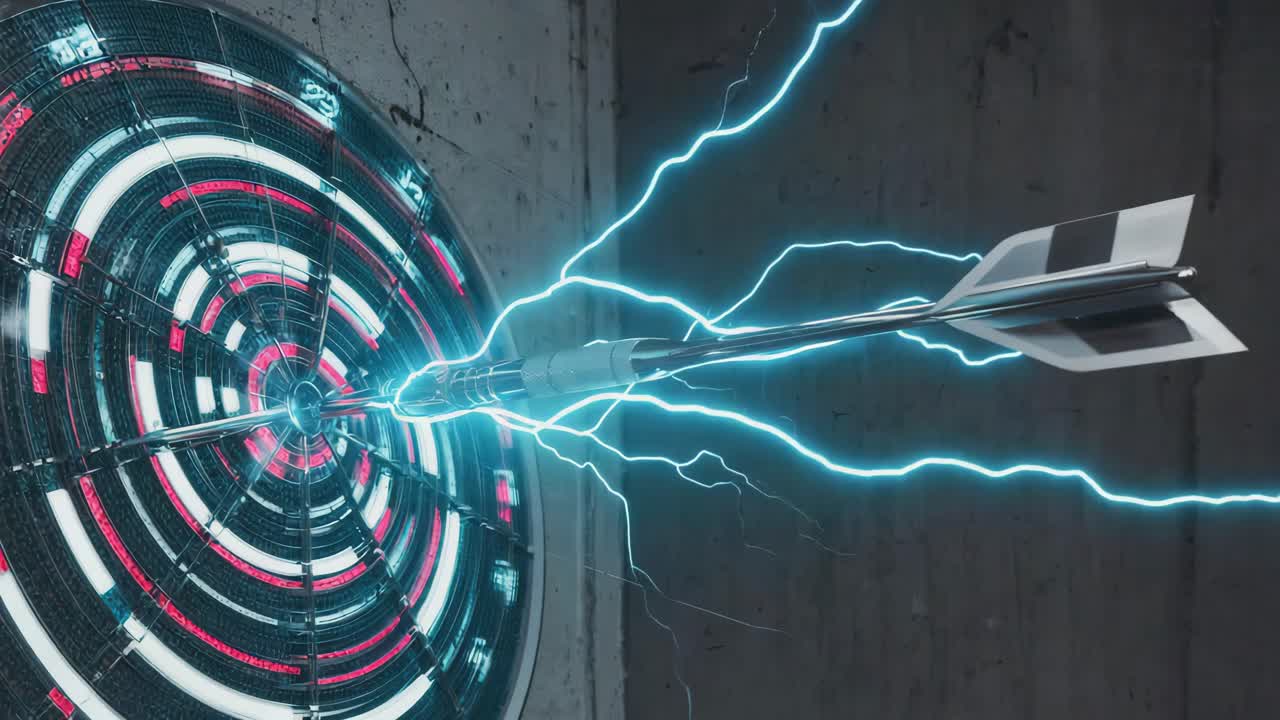 A glowing dart hitting the bullseye on a futuristic dartboard