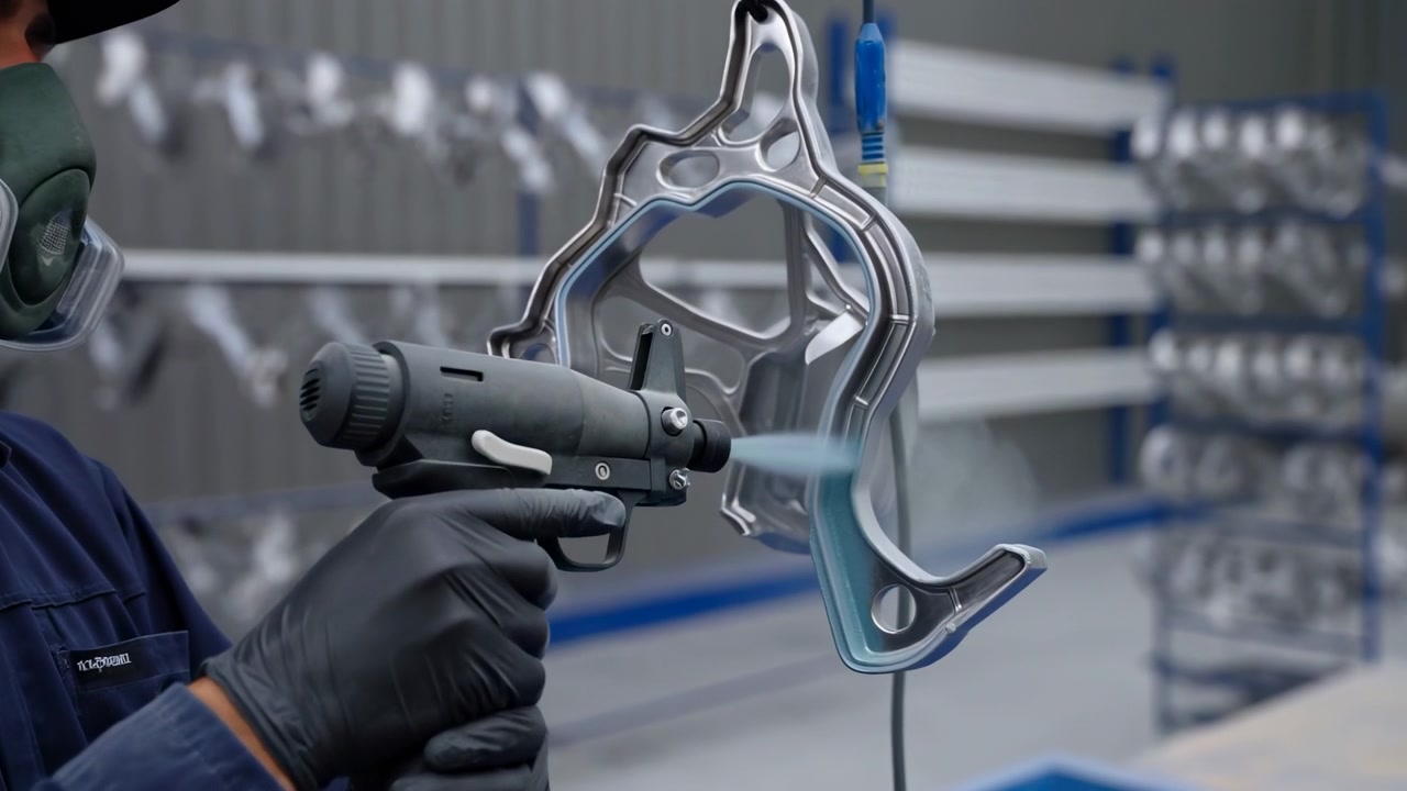 Industrial Technician Spray Painting Metal Part In Controlled Factory Booth, Operator Wearing Respirator