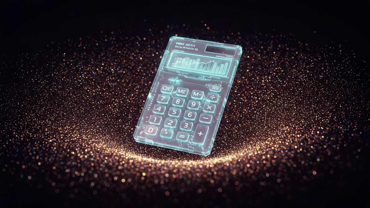 A Stunning Transparent Calculator Glowing Against a Dazzling Background of Sparkling Particles and Shimmering Lights, Capturing the Essence of Modern Technology and Design
