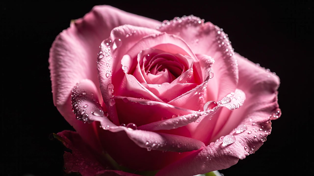 Elegante rosa rosa in fiore con gocce di rugiada su sfondo nero.