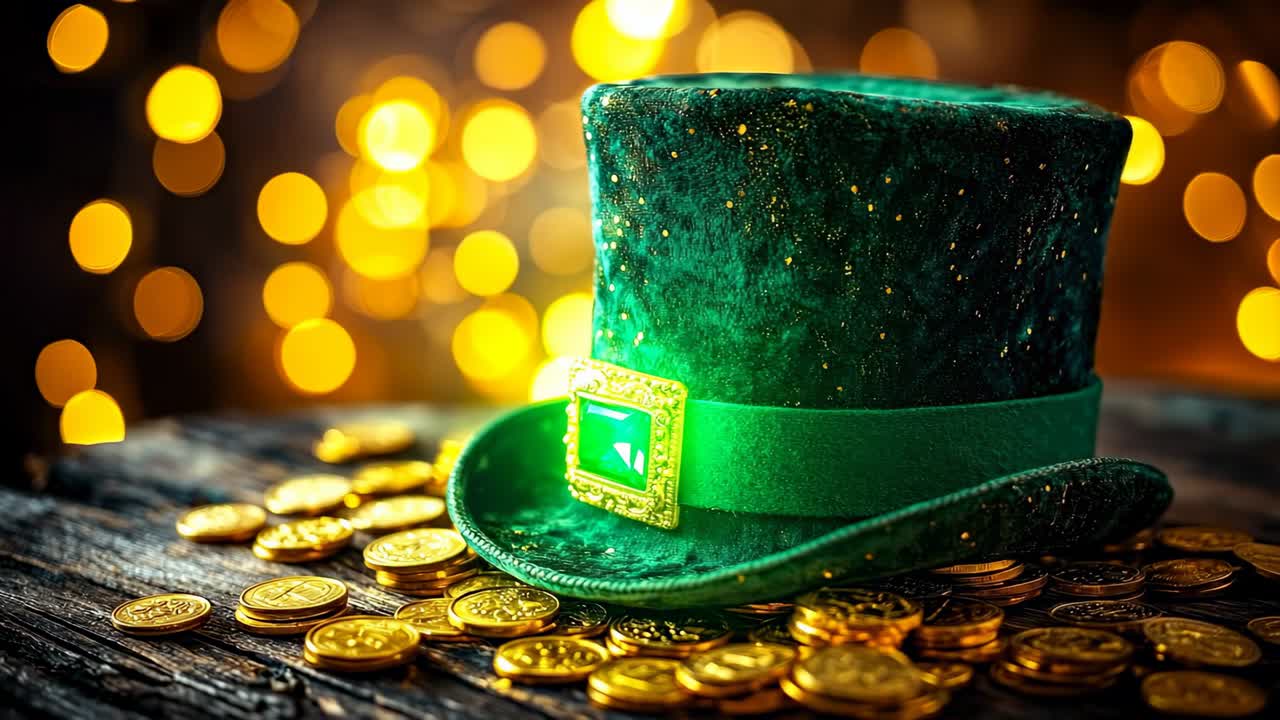 Sombrero verde y monedas sobre mesa de madera. Un sombrero verde se posa sobre una mesa de madera rodeado de monedas de oro brillantes bajo luces cálidas en una reunión nocturna