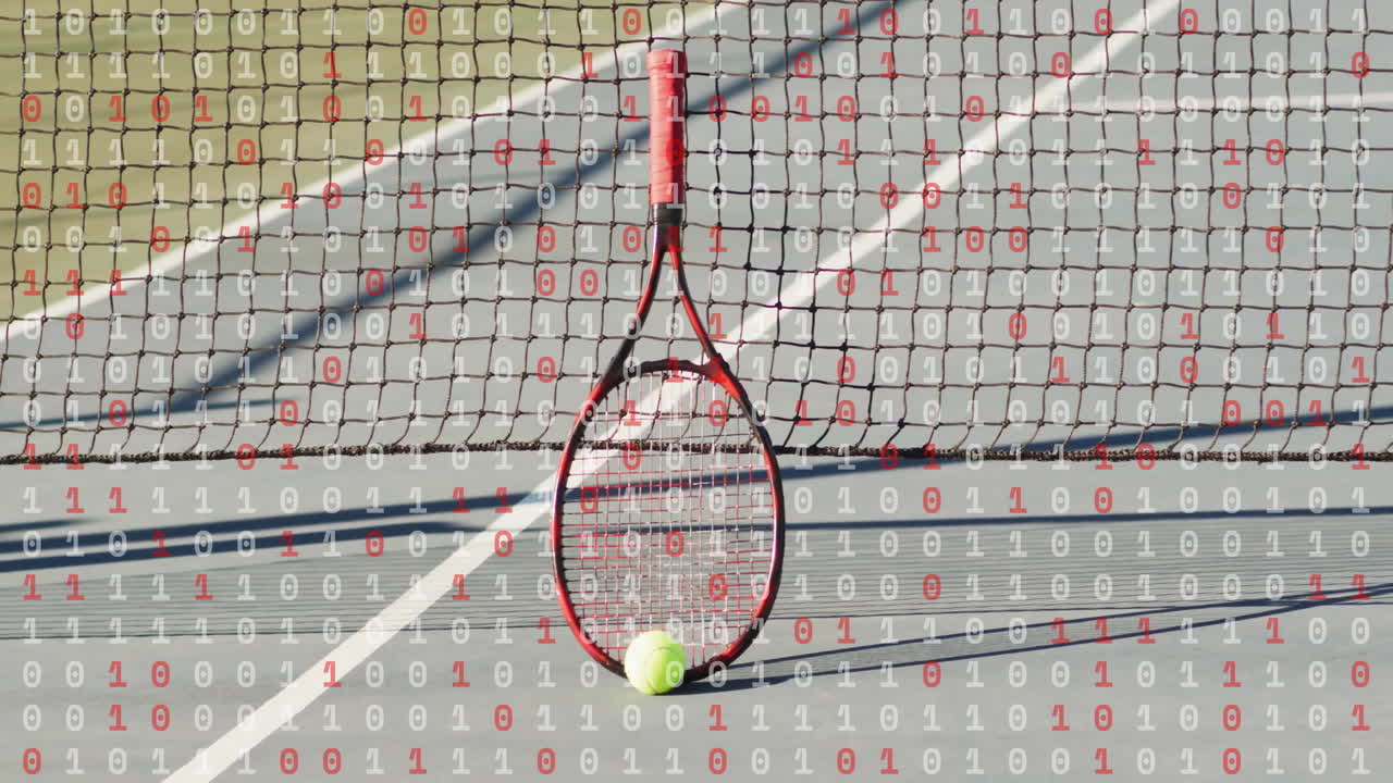 Tennis racket leaning vertically on hard court, displaying binary code overlay for technology theme