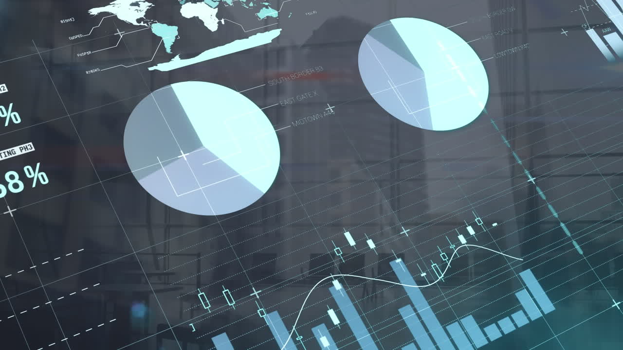 Animation of statistics and financial data processing over cityscape