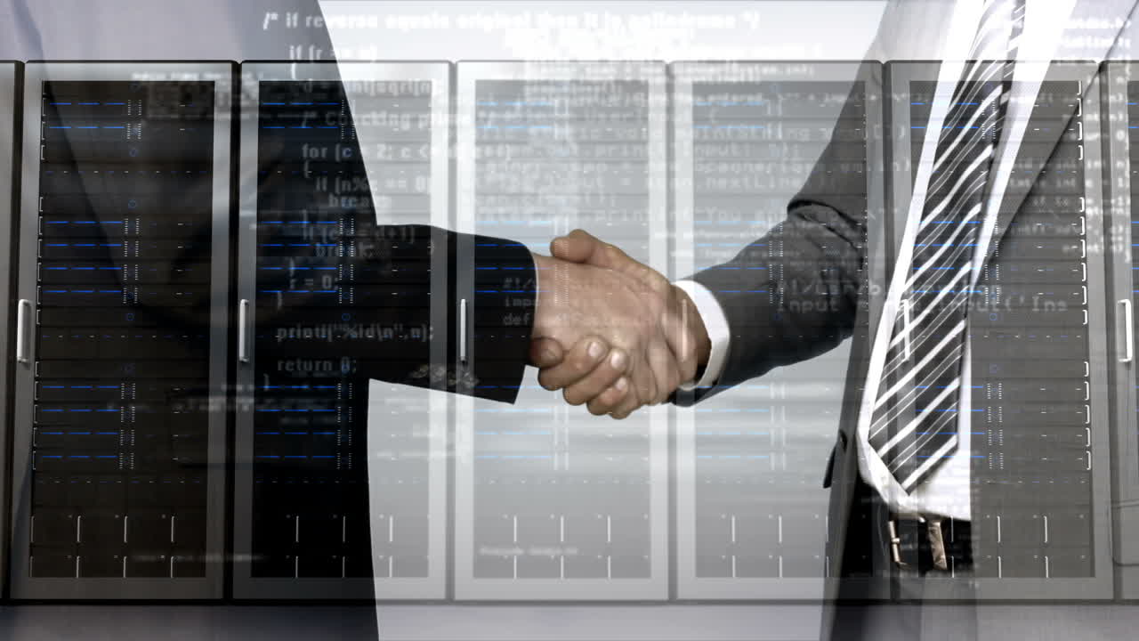 Business workers shaking hand with server tower overlay