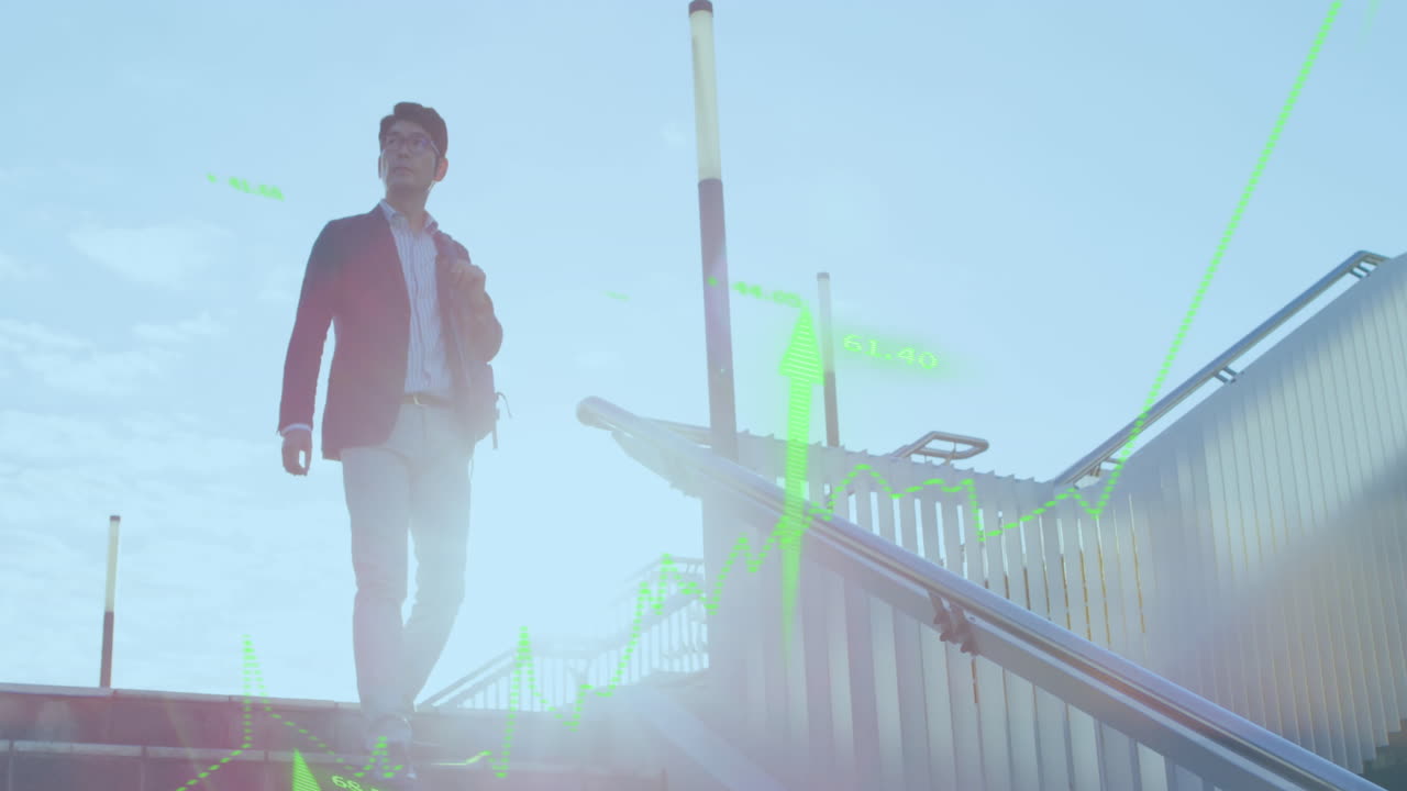 Animation of stock market data processing against asian man climbing down the stairs