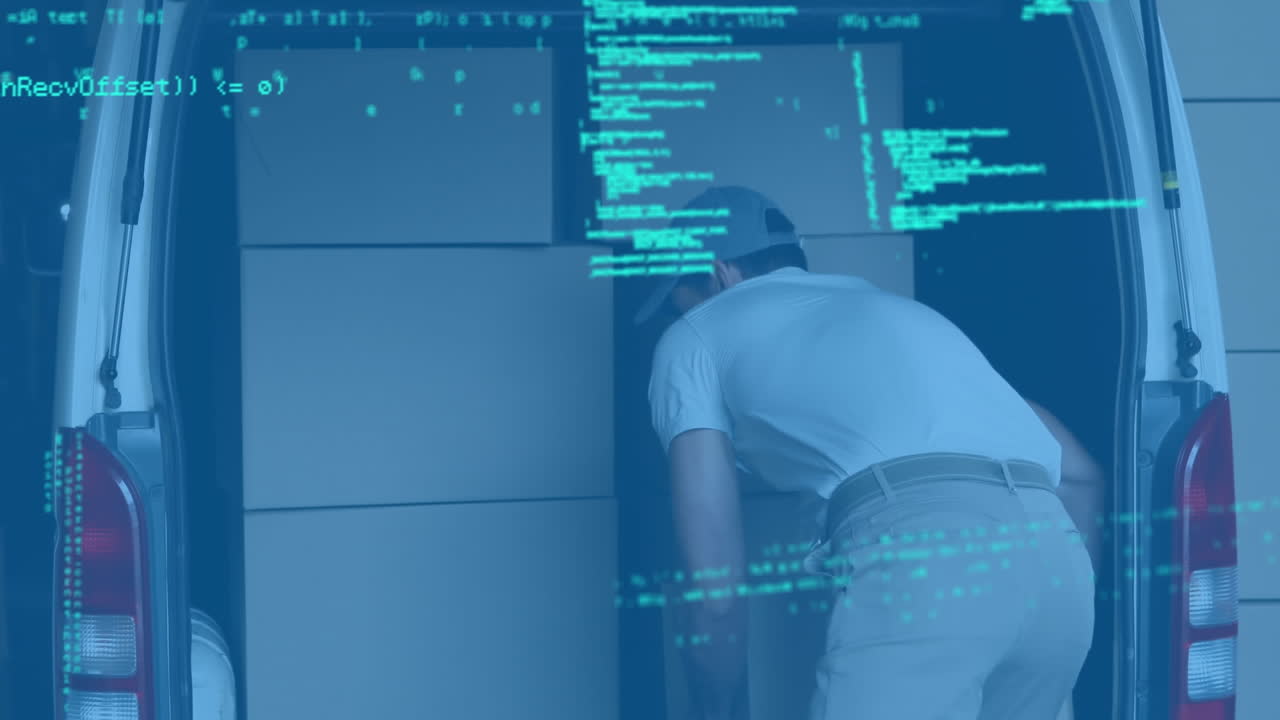 Databehandling over en kaukasisk leveringsmand, der fjerner leveringskasser fra sin varevogn