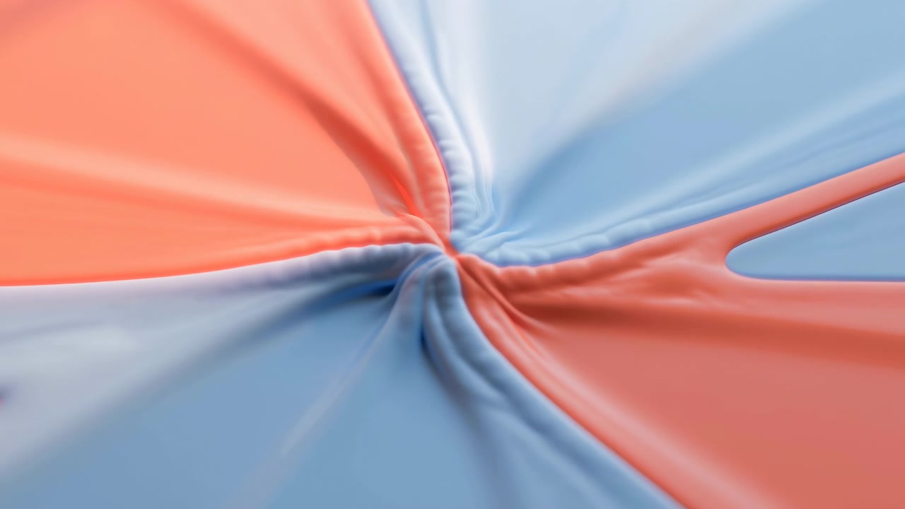 Close-up of coral orange and pale blue satin-like fabric drawn into central gathered seam, showing tightening center, converging folds, soft sheen, ripples, gentle texture, and abstract flowing