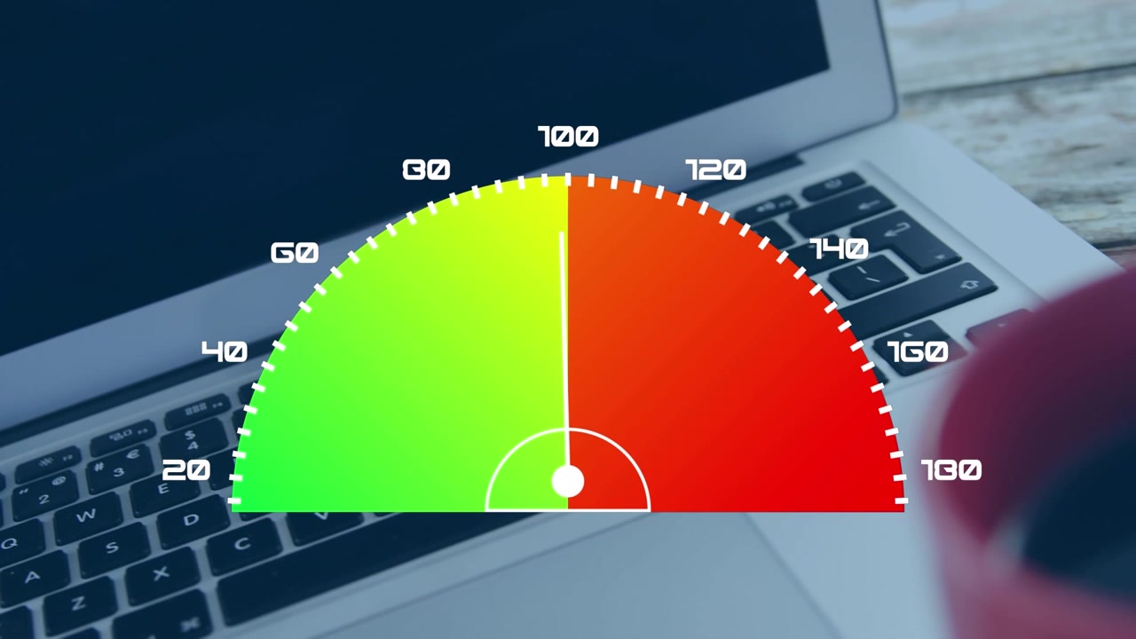 Speedometer data processing over close up of a laptop and coffee cup on a wooden surface