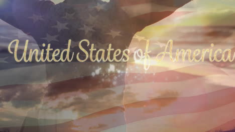 animation of united states of america text over usa flag and woman raising hands