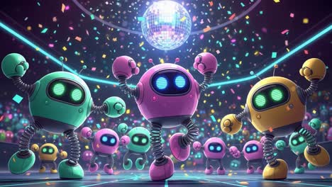 a colorful dance party of robots under a shimmering disco ball, showcasing their joyful movements and vibrant atmosphere filled with confetti and lights