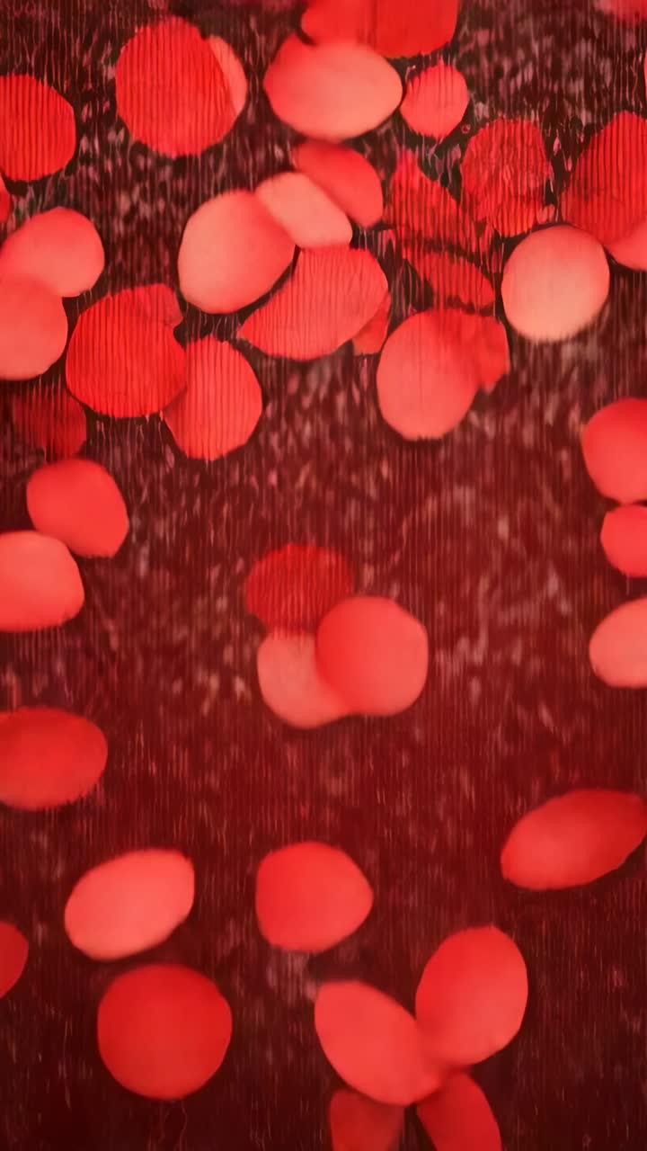 Vertical video: Falling red petals entering from top, forming dense layer over red specked backdrop