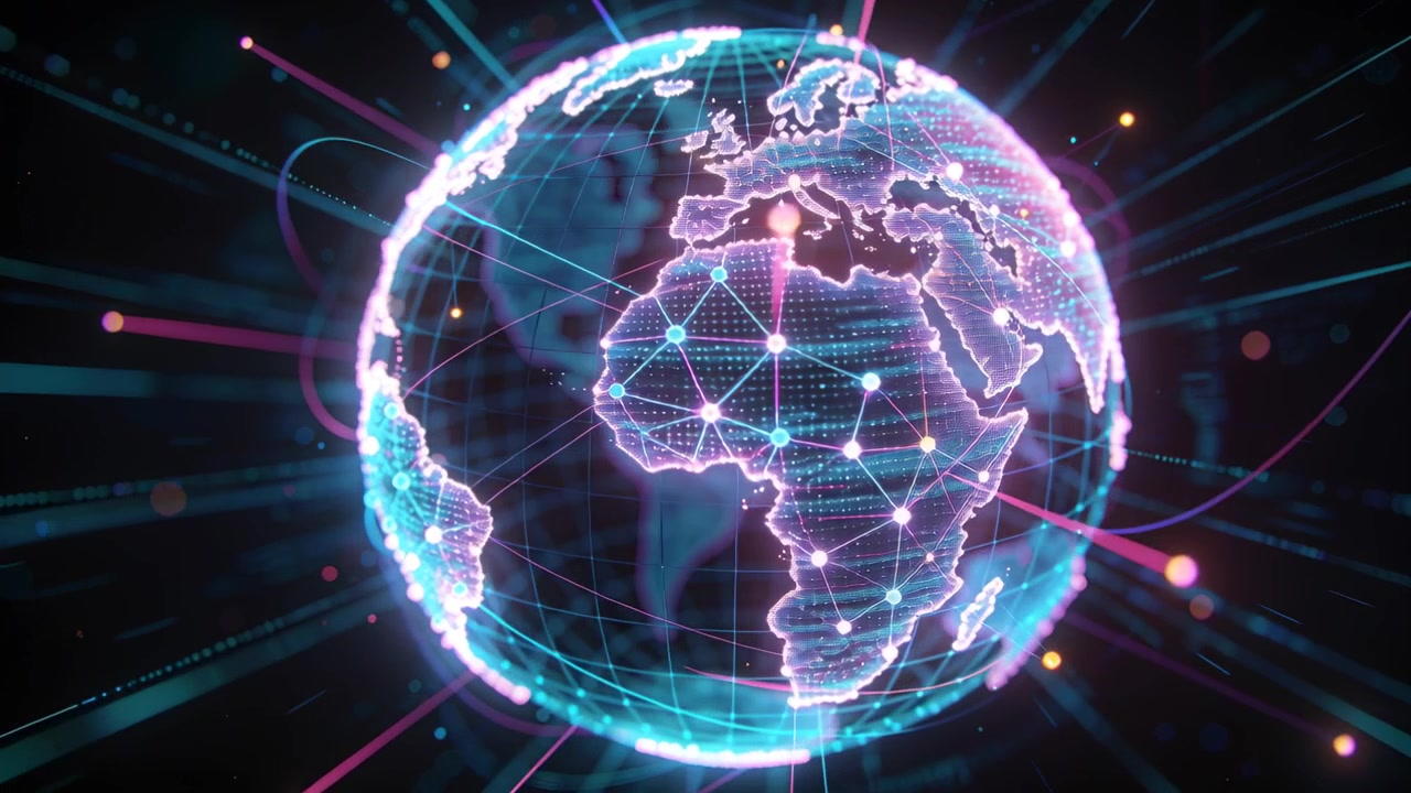 Girando ao iniciar, globo em wireframe com grade, nós pulsantes enviando arcos no vazio, mostrando fluxo.