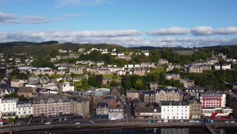 Oban-Harbour-Lake,-Seaside-Town-on-West-Coast-of-Scotland,-Aerial-Drone-4K-HD-Footage-Fly-By