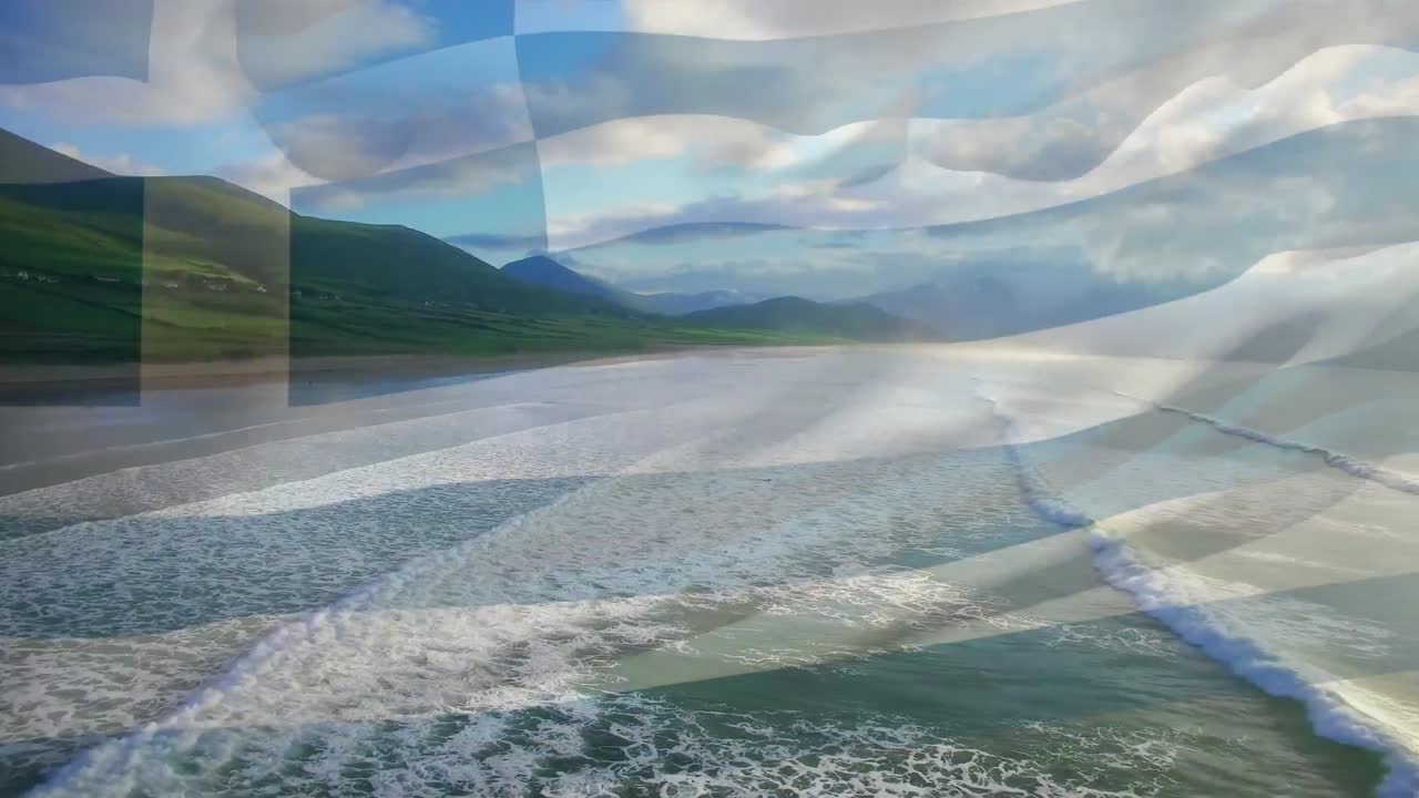 그리스  ⁇ 발이 해변 풍경 위에서 날아다니는 애니메이션