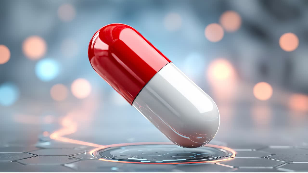 Floating capsule in a futuristic setting. A red and white capsule hovers above a digital surface with glowing patterns, showcasing a modern, tech-inspired design