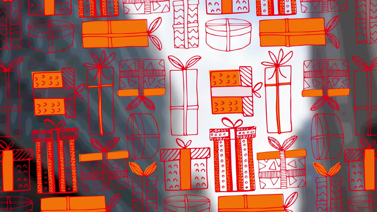 múltiples iconos de regalos de navidad contra edificios altos en el fondo