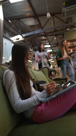 young woman drawing on a tablet in a modern co-working space