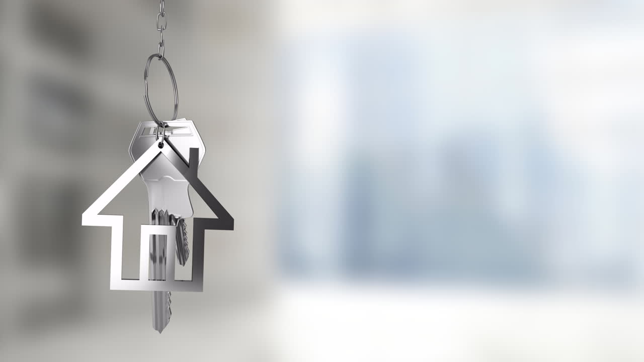 Animazione di un portachiavi a forma di casa con chiavi su un paesaggio urbano sfocato