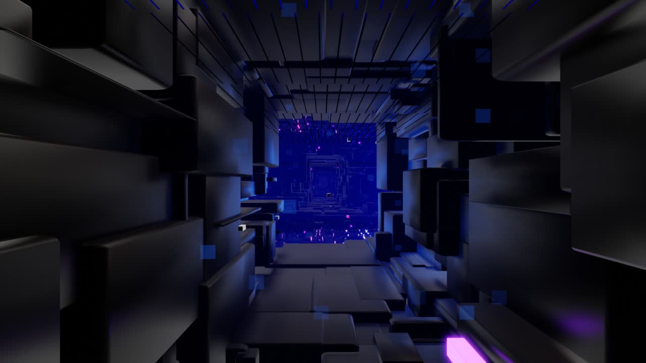 túnel con luz de neón. ciencia ficción bg volar a través del espacio digital tecnológico. concepto de flujo de información de alta tecnología, blockchain. diseño de movimiento bg en bucle 3d, cubos y marcos, construcciones. bg dinámico oscuro