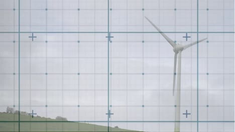 Animation-Des-Gitternetzes-über-Einer-Sich-Drehenden-Windmühle-Vor-Blauem-Himmel