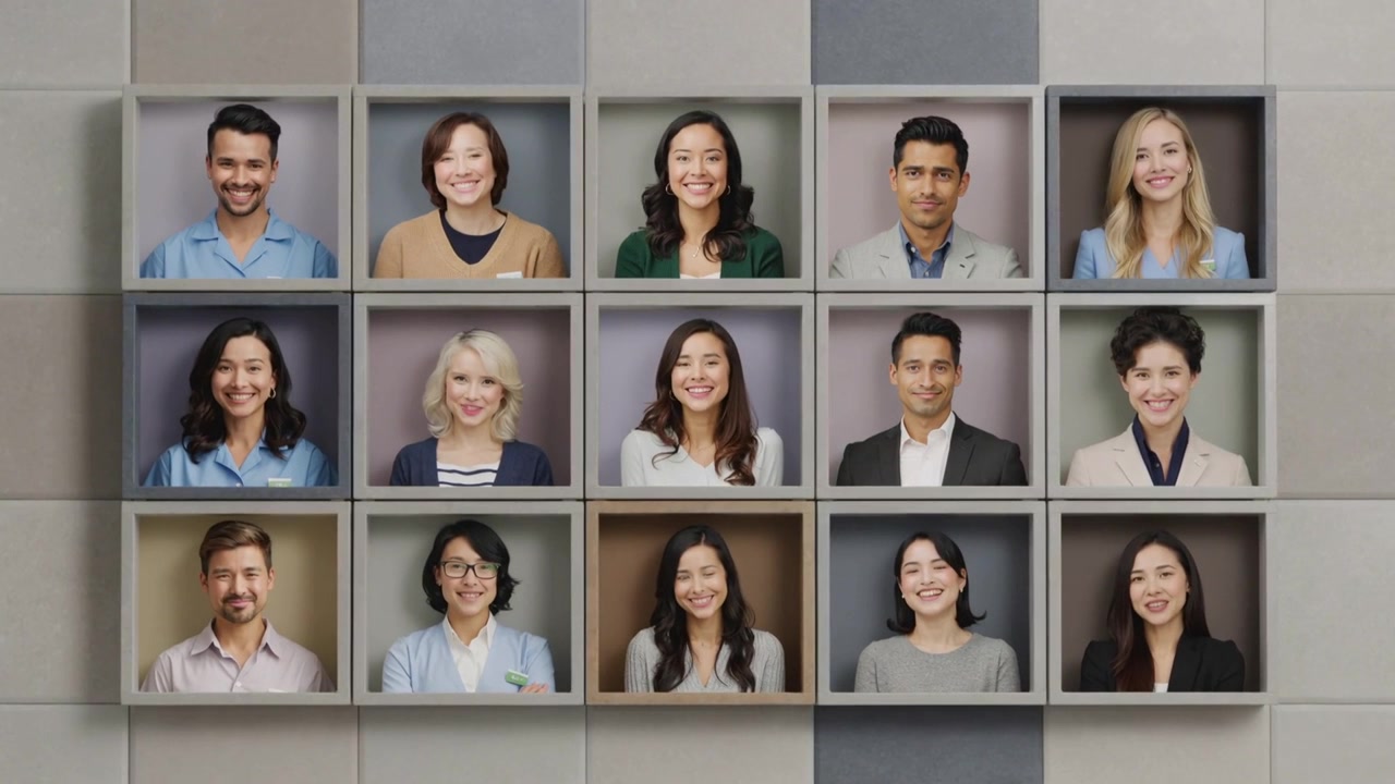 15 colleghi sorridenti che si muovono durante una sequenza di fotogrammi per un ritratto individuale, in abbigliamento da ufficio.